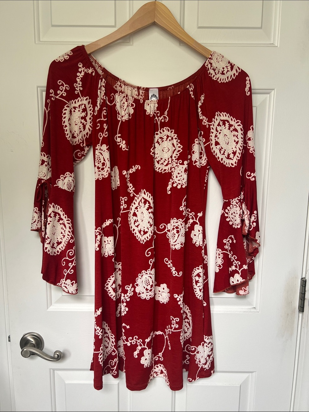 Red & White Printed Bell Sleeve Dress